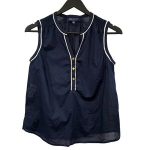 [s] Jones New York Sleeveless Navy Blouse petite small Cotton Piped